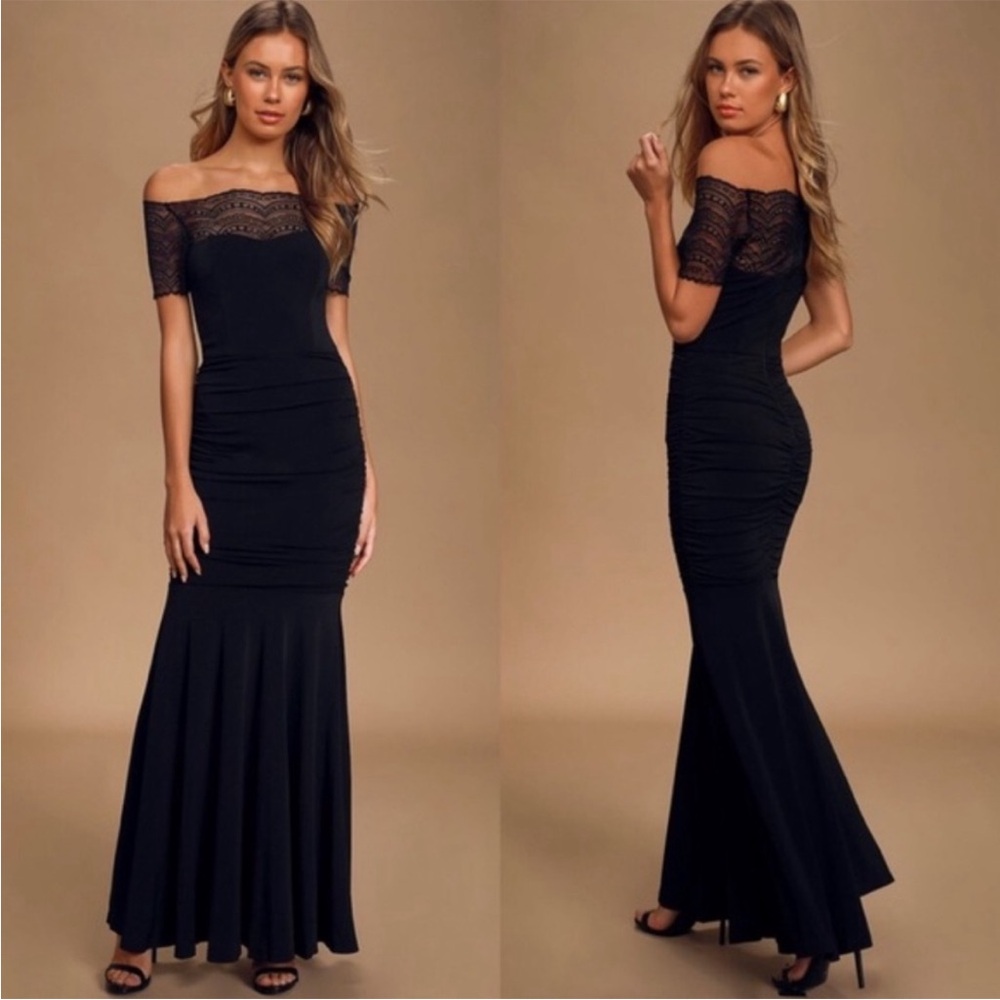 NWT Lulus XS Any Given Moment Lace Yoke Ruched Mermaid Gown Black Dress Maxi